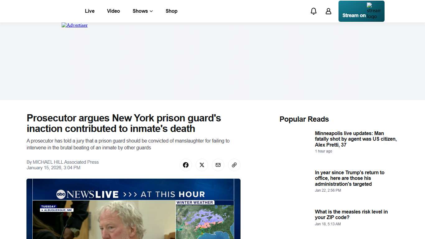 Prosecutor argues New York prison guard's inaction contributed to inmate's death - ABC News