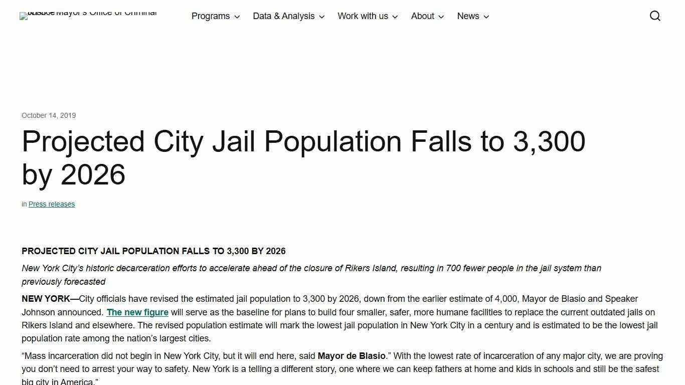 Projected City Jail Population Falls to 3,300 by 2026 - NYC - Mayor's Office of Criminal Justice